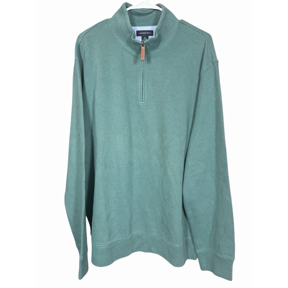 Lands' End Men's XL Green Cotton‎ Quarter Zip Pullover Mock Neck Casual Sweater